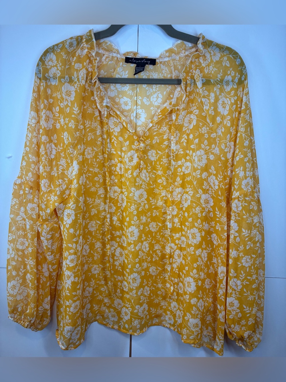 A Love Story Yellow White Floral Boho Peasant Blouse Size Large